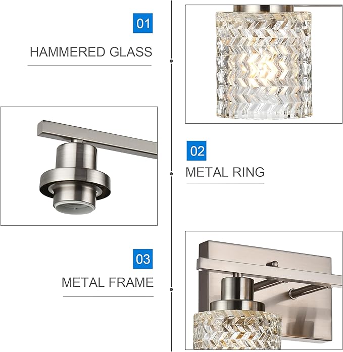 MELUCEE 3 Lights Bathroom Light Fixtures Brushed Nickel Modern Vanity Lights Indoor Wall Mounted Light with Hammered Glass Shade Suitable for Bathroom Living Room Hallway