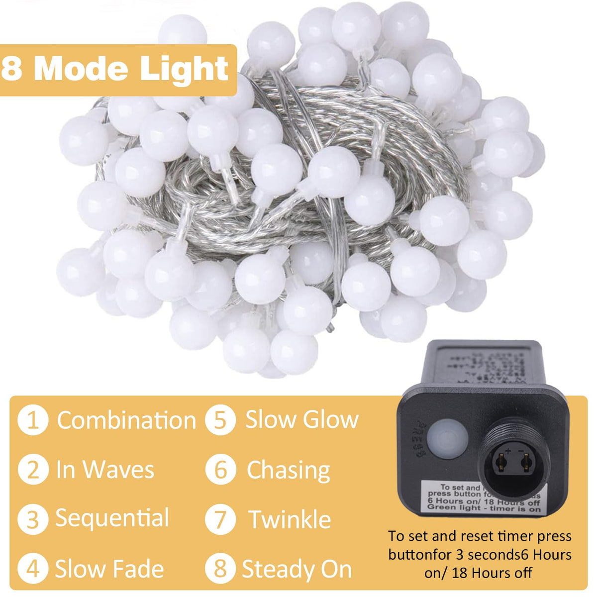 Ogrmar 49 ft 100 LED Globe Ball String Lights 8 Modes Fairy String Lights with Remote, Timer Function & Connectable for Indoor Outdoor Wedding Birthday Christmas Tree Garden Decor (100, White)