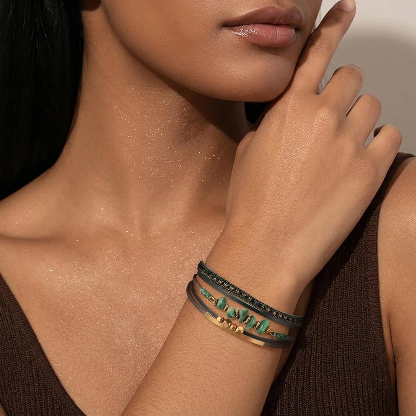 LOWNOUR Boho Bracelets for Women 3pcs Leather Bracelet for Women Western Jewlery Leopard Multi-Layer Crystal Beads Stone Leather Cuff Wrap Bracelets (Boho-3pcs)