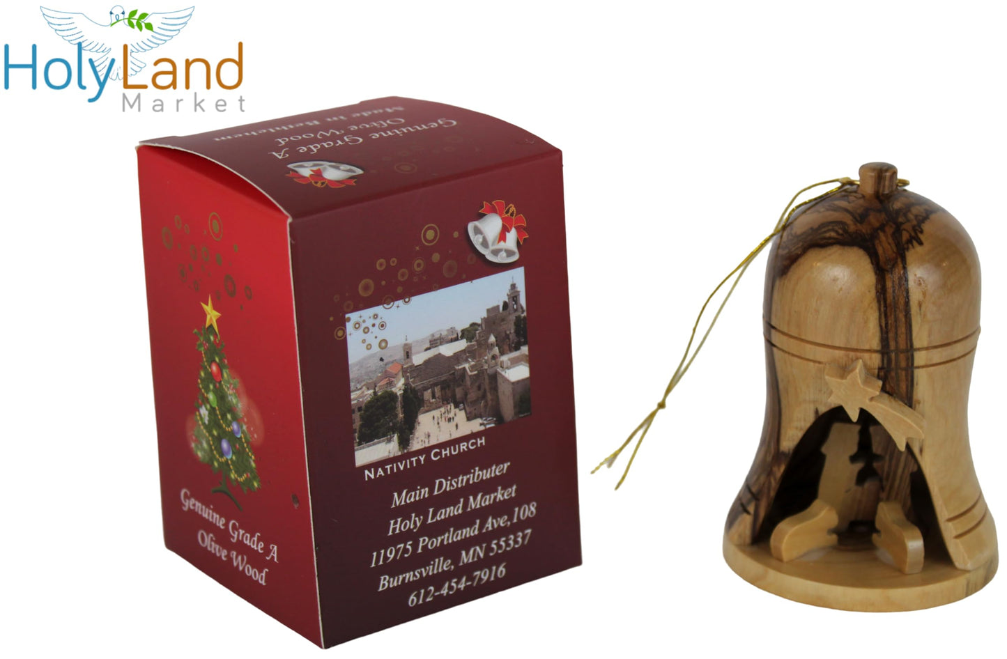 Holy Land Market Olive Wood Nativity Ornament - Large Bell with Nativity Scene, Handmade Christmas Decoration from Bethlehem (4", 1)