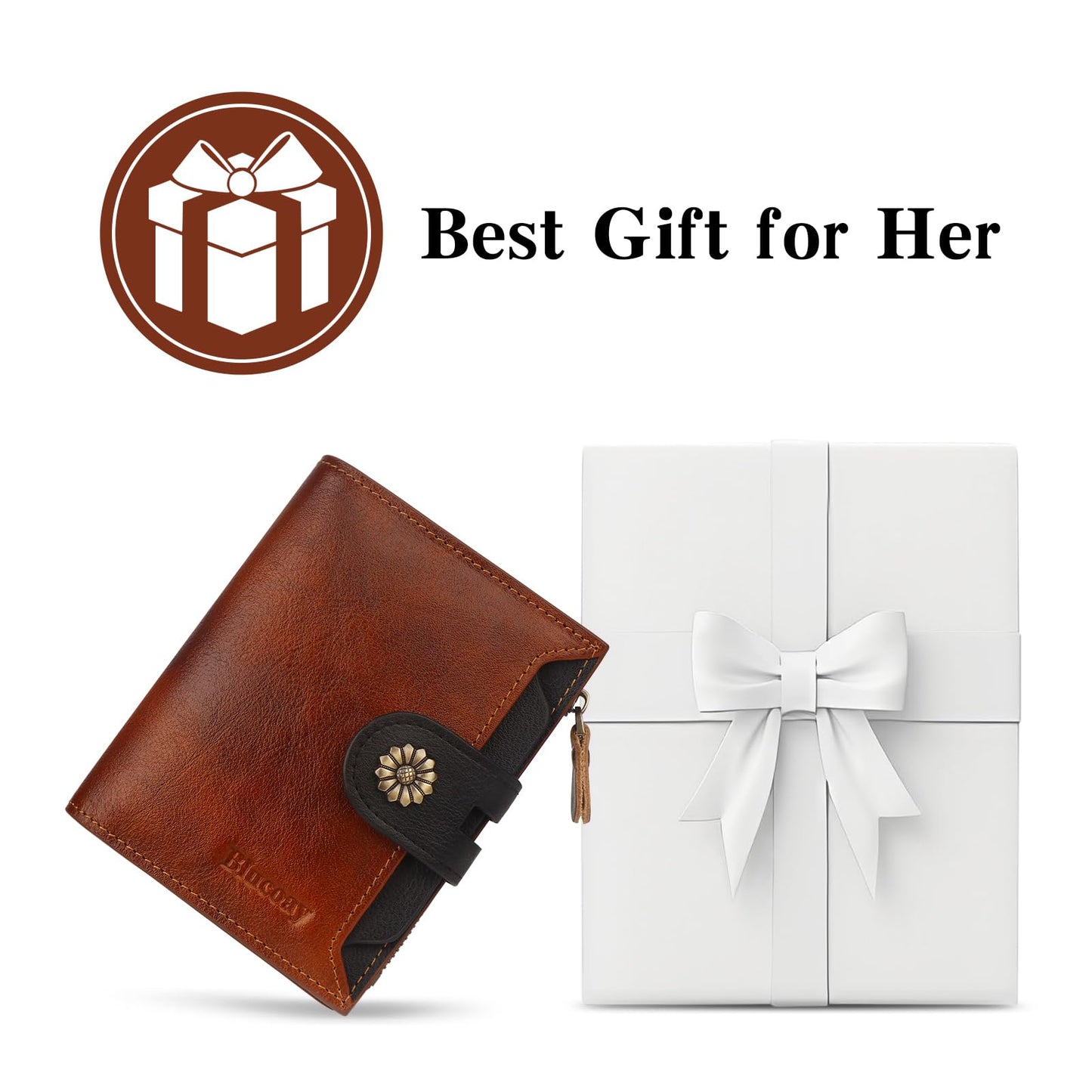 Blucoay Leather Wallet Women,RFID Blocking Womens Wallet Bifold Compact Small Wallet for Women Card Holder with Zip Coin Pocket Brownblack
