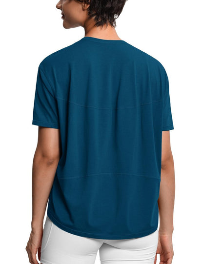 THE GYM PEOPLE Women's Short Sleeve Workout T-Shirts Back Loose Fit Running Yoga Tee Tops Dark Blue Green