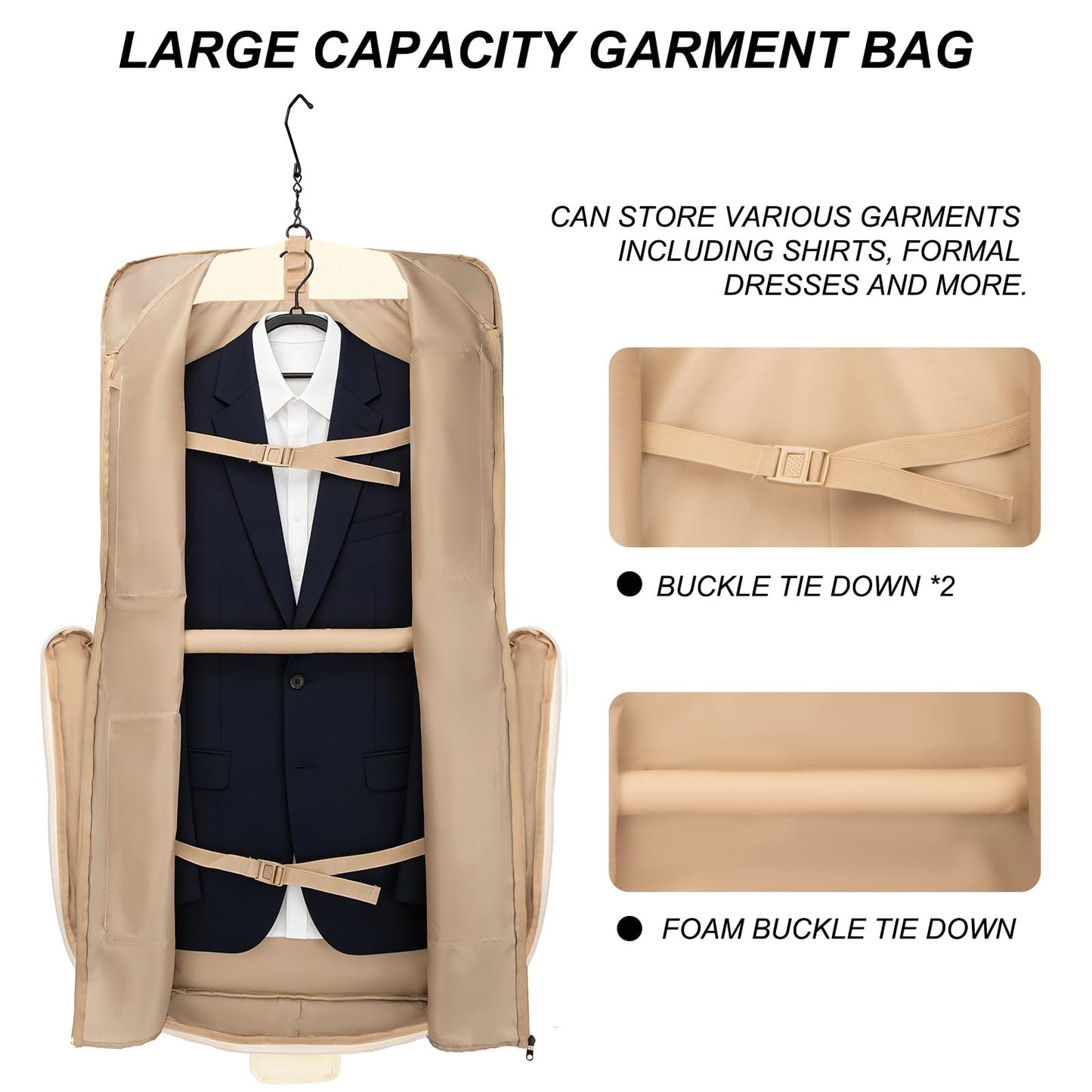 Travel Garment Bag for women,Lightweight Puffy Carry on Garment Bag for Hanging Clothes,44.7'' Waterproof Travel Suit Bag with Shoulder Strap,2 in 1 Foldable Duffle Bag,Beige