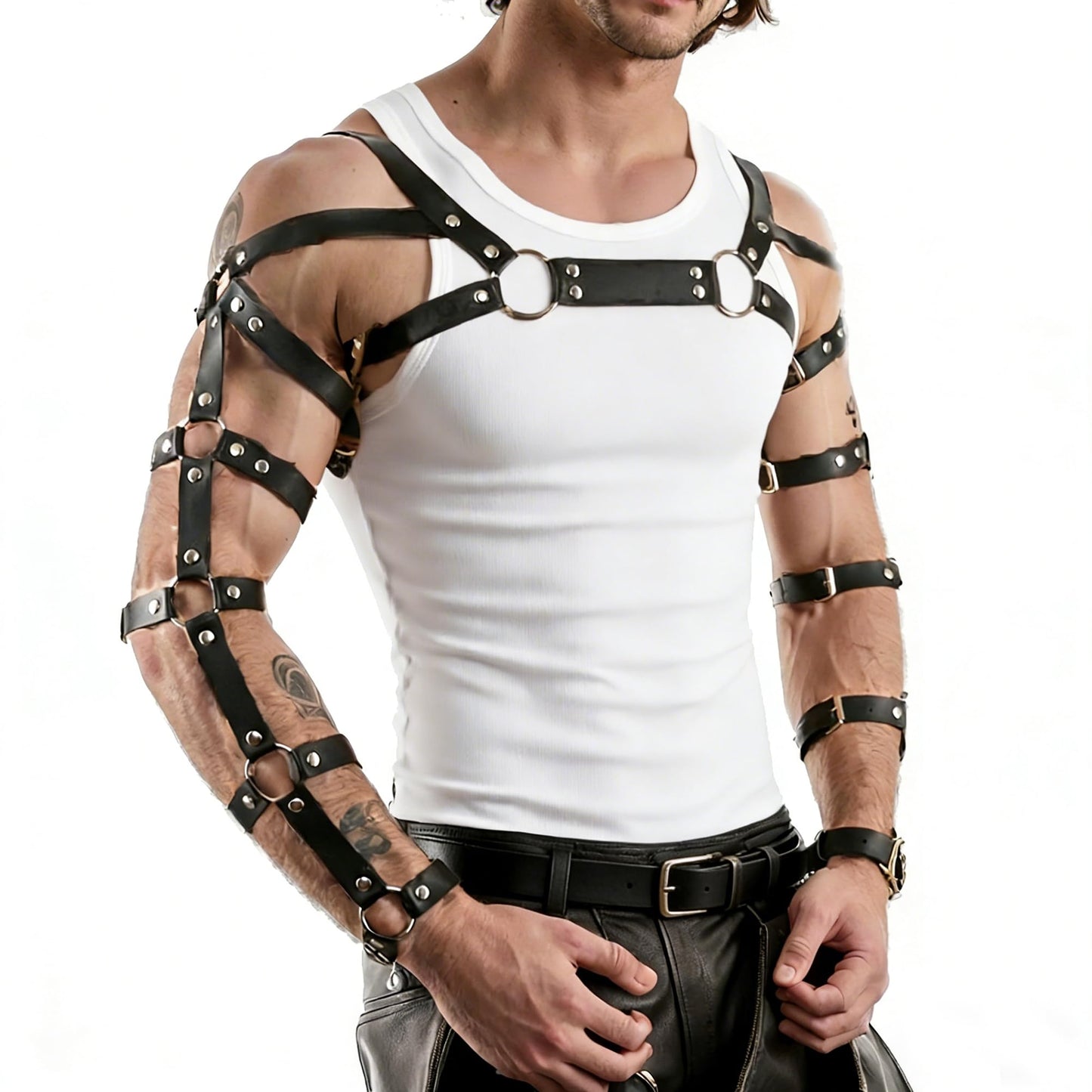 Mens Chest Harness Cosplay Top PU Leather Chest Shoulder Straps Body Harness Strap Male Punk Fashion Fantasy Costume Rave Outfit for Music Festival Party Halloween Cosplay (Black)
