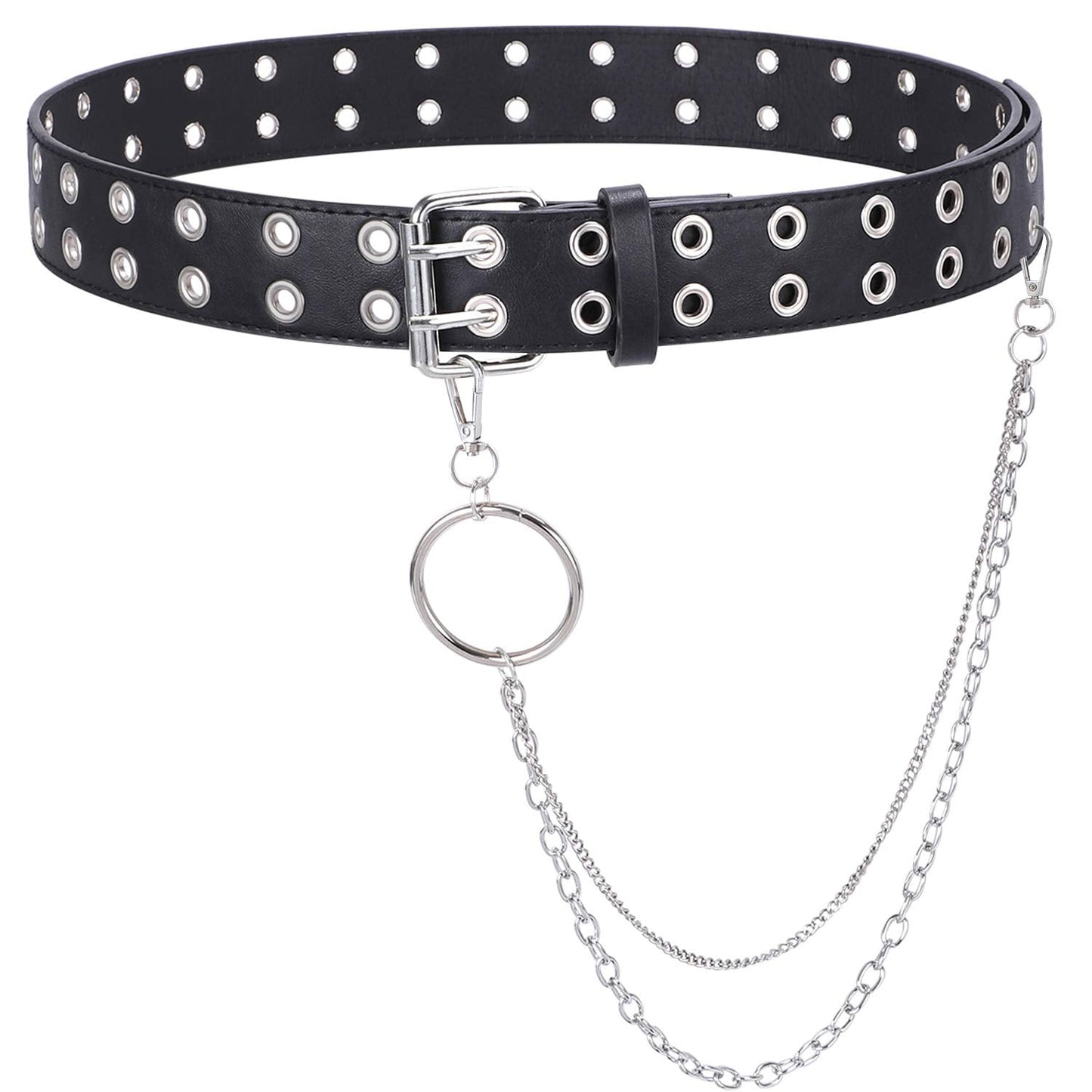 WHIPPY Double Grommet Belt with Chain for Women Men PU Leather Double Prong Buckle Punk Rock Jeans Waist Belts (Black, M)