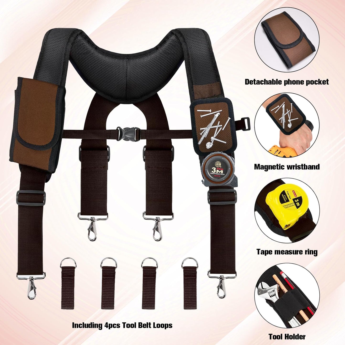 UMYLOV Tool Belt Suspenders for Men, Adjustable Padded Carpenter Tool Belt with Magnetic WristBand Multifunctional Pouch Pocket for Construction Workers (Brown)
