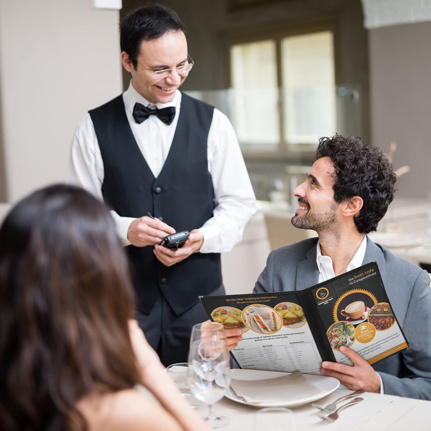 Menu Covers Restaurant 8.5x11 Inch - 15-Pack Black Leather-Style Waterproof Holders with 3-Pocket Side-Loading Sleeves & Gold Corners for Upscale Dining