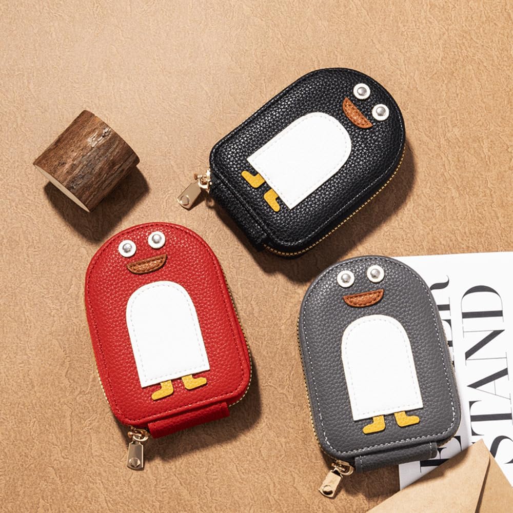 DONGKER Cute Penguins Card Coin Holder,PU Zippered Cartoon Penguin Accordion Card Wallet Built-in 11 Card Slots for Men Women