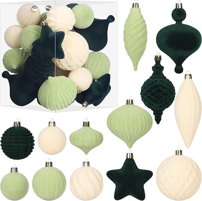 SY Super Bang 30PCS Velvet Christmas Ornaments Set, Flocked Shatterproof Assorted Hanging Xmas Tree Ball Decorations, for Home Party Holiday Decor, Deep Green, Beige, Light Green