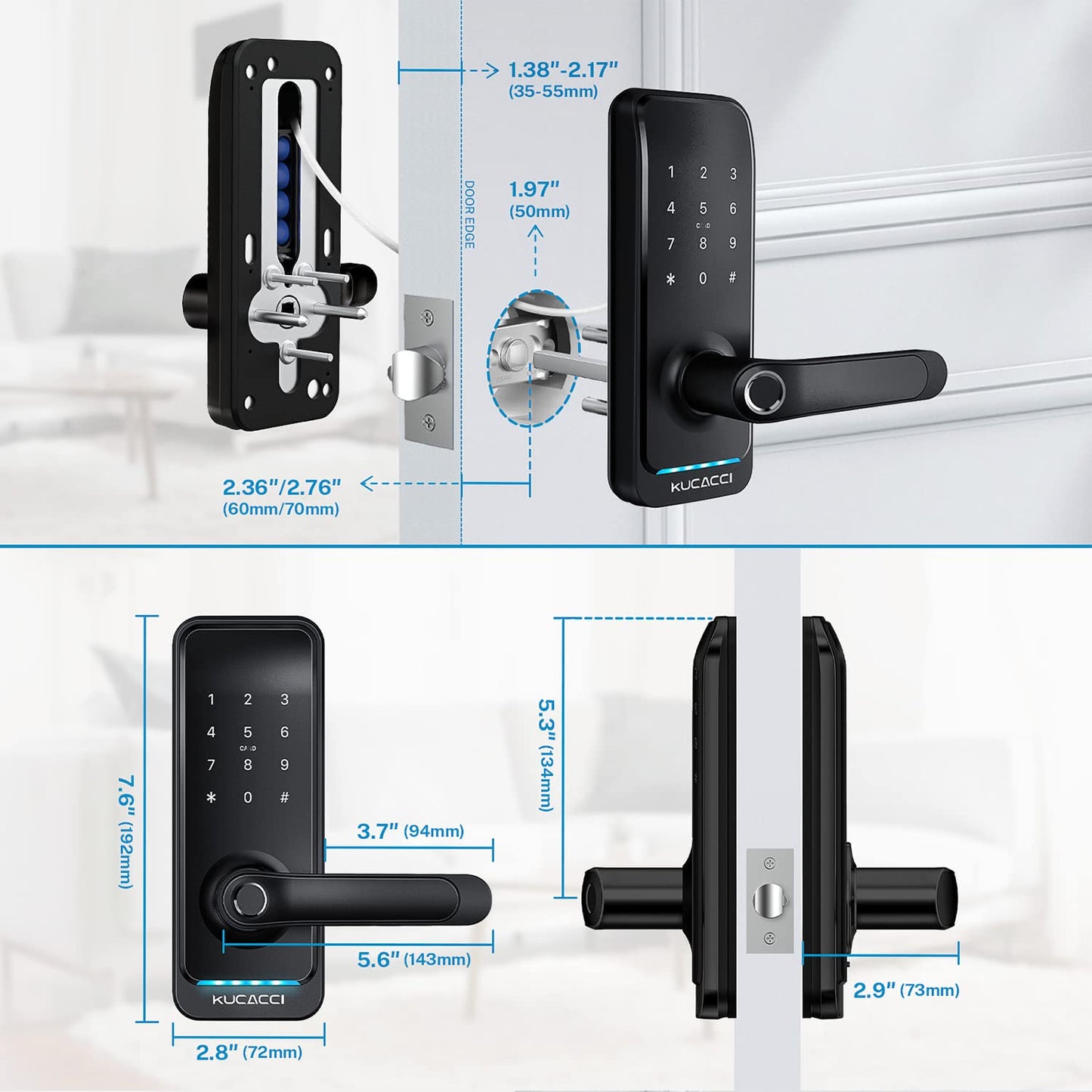 Smart Door Lock with Handle: Kucacci Keyless Entry Digital Door Lock for Front Door - Fingerprint Keypad Smart Dnob - Generate Passcode Remotely - App Control - Easy Installation(Black)