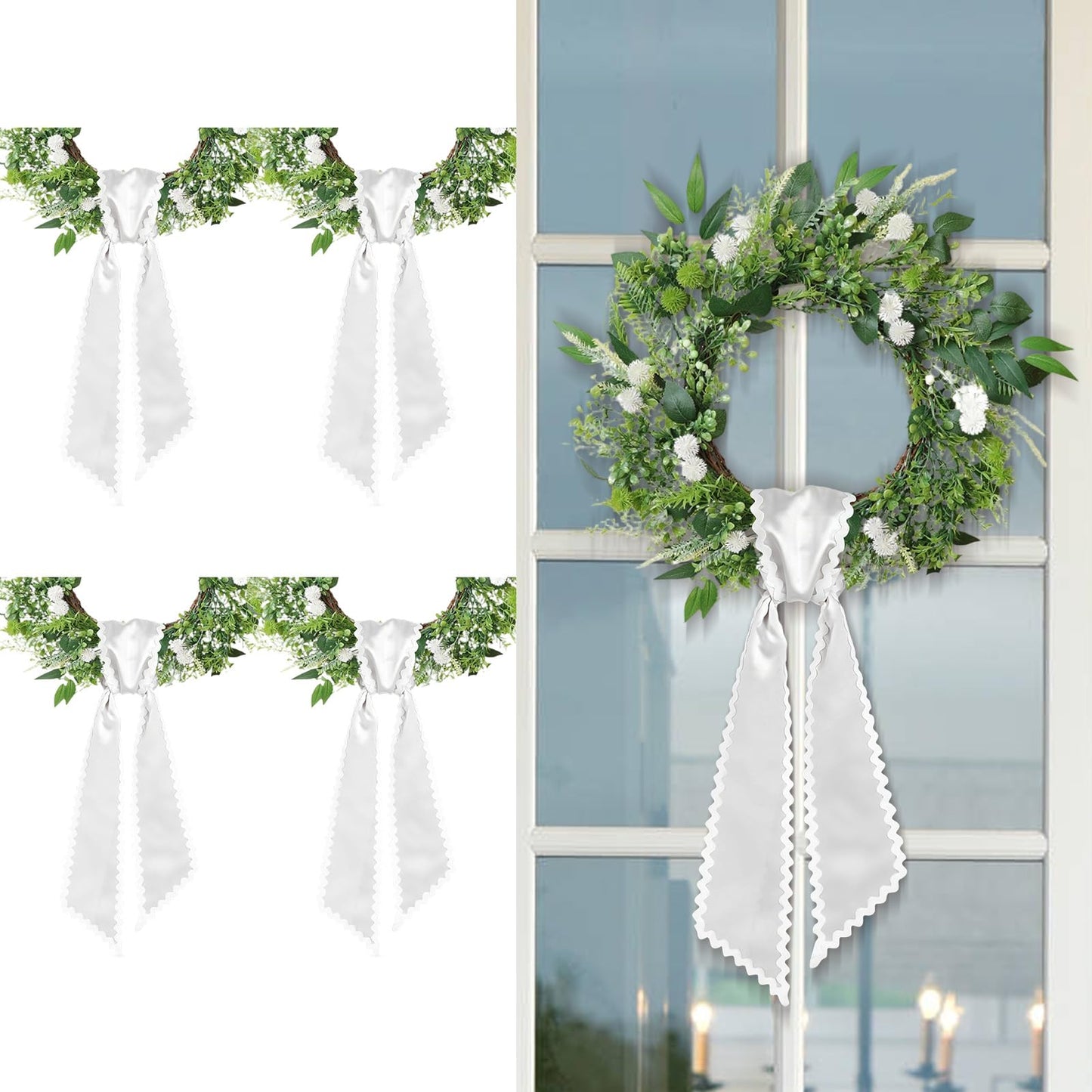 LITURTOO 4 Pcs Scalloped Wreath Sash for Front Door, 59 x 4 Inch White Wreath Ribbons for Monogram Embroidery, Garland, Wedding Arch, Bridal Shower, Baby Shower, Christmas, Farmhouse Porch Decor