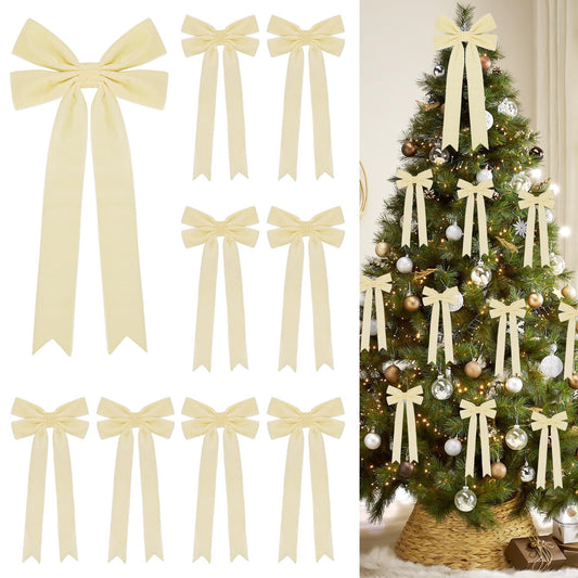 9 Pcs Velvet Christmas Bows Set - 5.9"x11.81" Large Tree Topper Bow and 4.33"x8.66" Vintage Bowknot for Xmas Tree,Gift Wrapping,Garland,Wreath,Fireplace,Staircase, Wedding, Home Decor (Cream White)