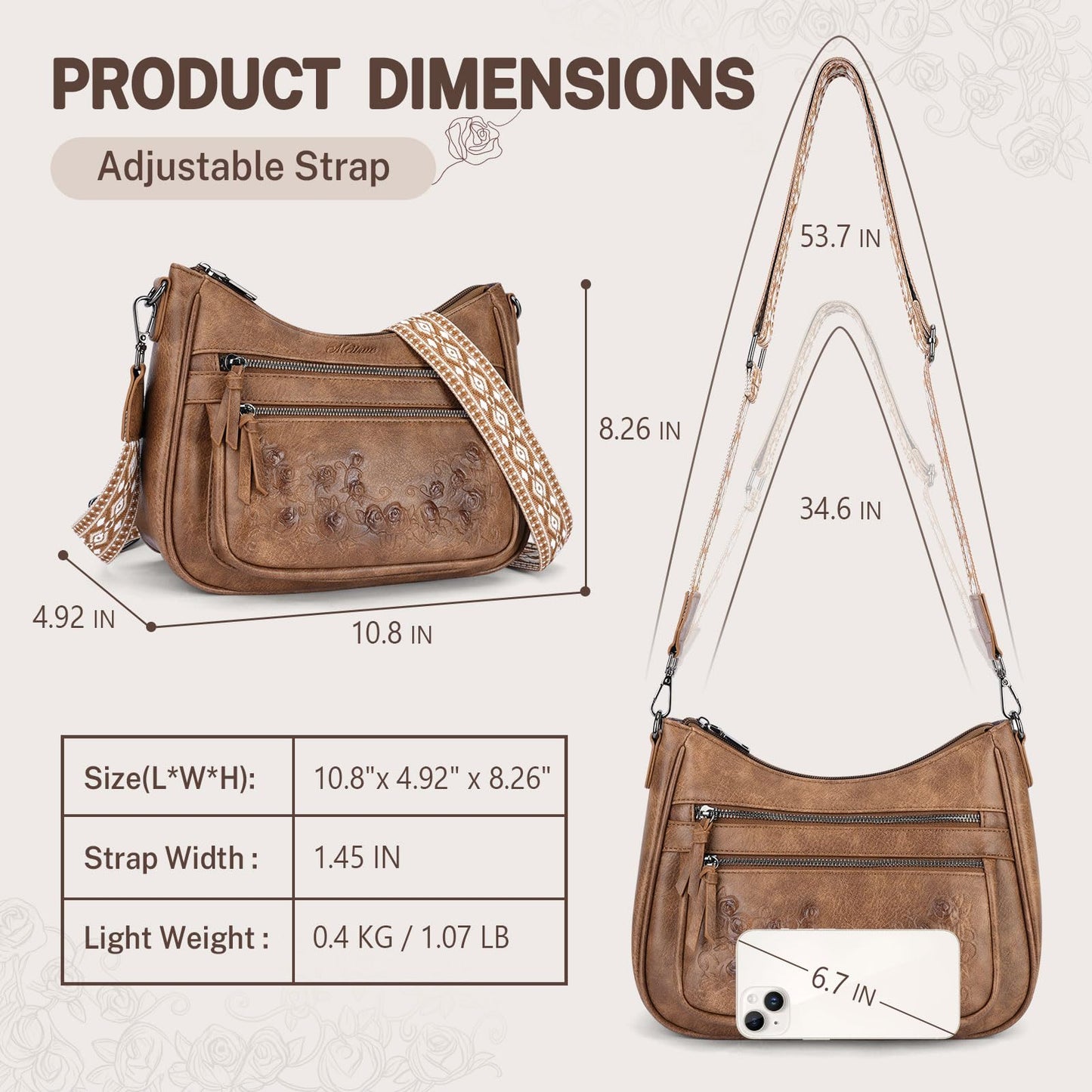 MEITRUE Crossbody Bags for Women Vegan Leather Medium Hobo Purse Women's Hobo Bag Shoulder Handbag with Rose Embossed Design Detachable Wide Strap
