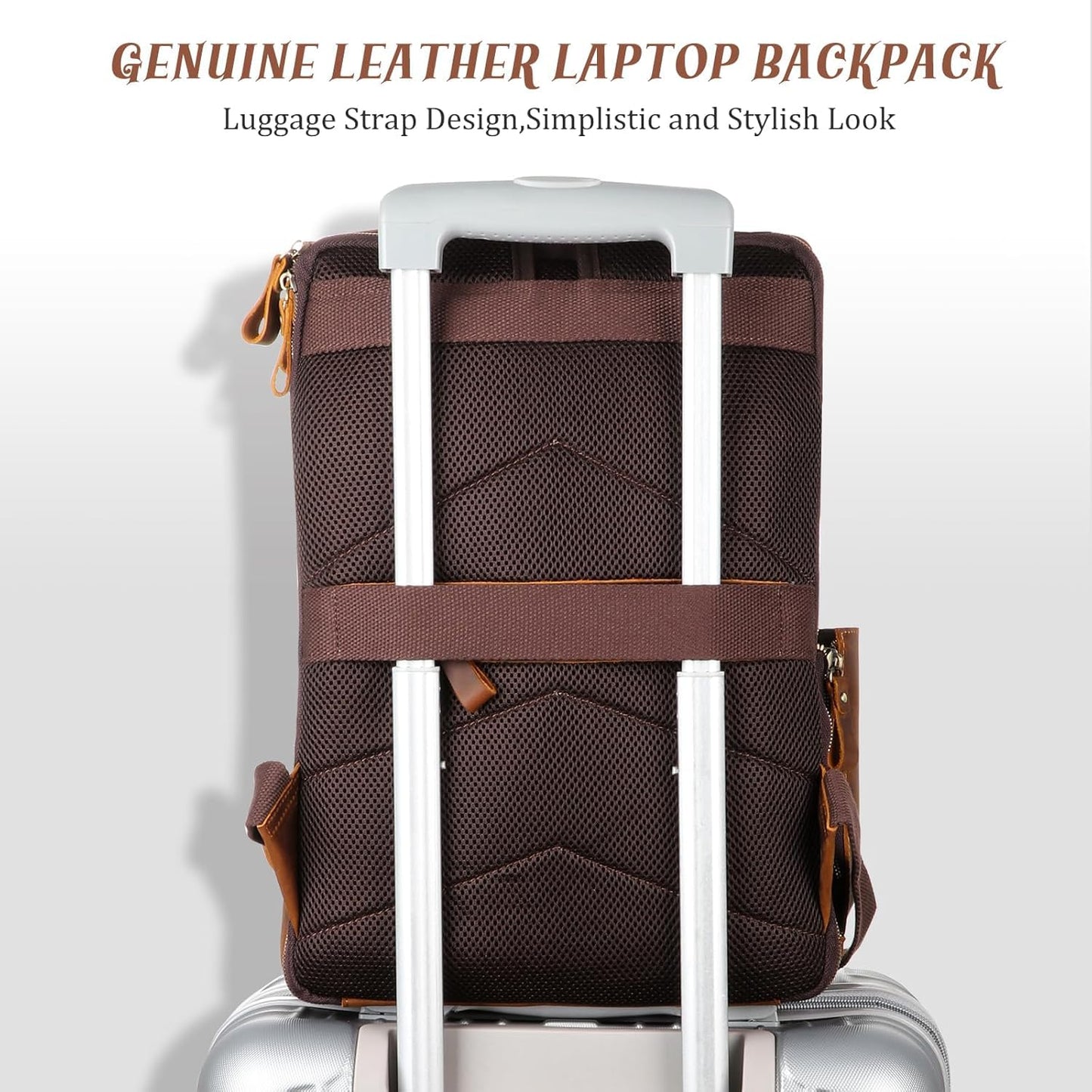 Fshsup Full Grain Leather Backpack 15.6" Laptop Bag Men's Vintage Genuine Leather Business Backpack Travel Hiking Camping Rucksack Overnight Weekender Daypack Backpack