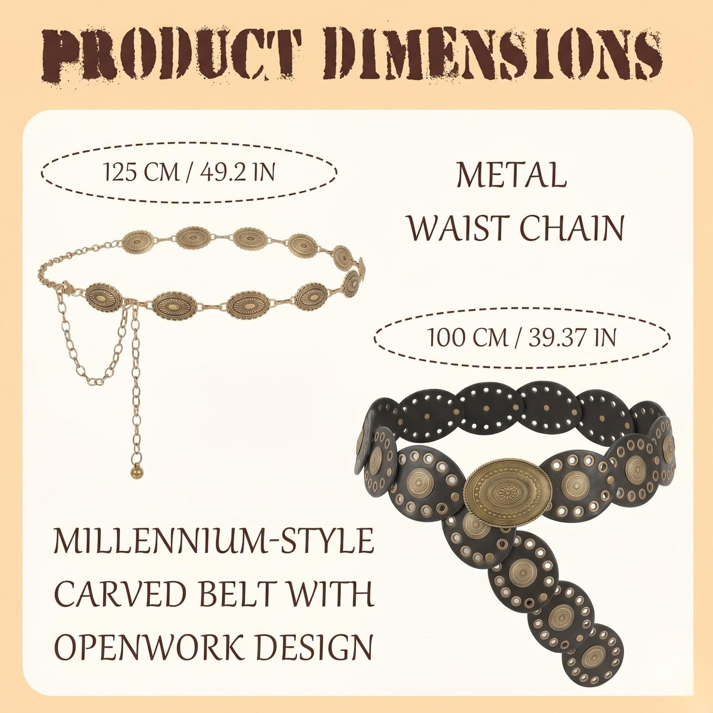 COSUCOS 2 Pcs Boho Belt for Women, Vintage Bohemia Gold Waist Chain Belt and Black Western Cowgirl Cowboy Disc Concho Leather Belt for Dress Jeans Country Concert Outfit