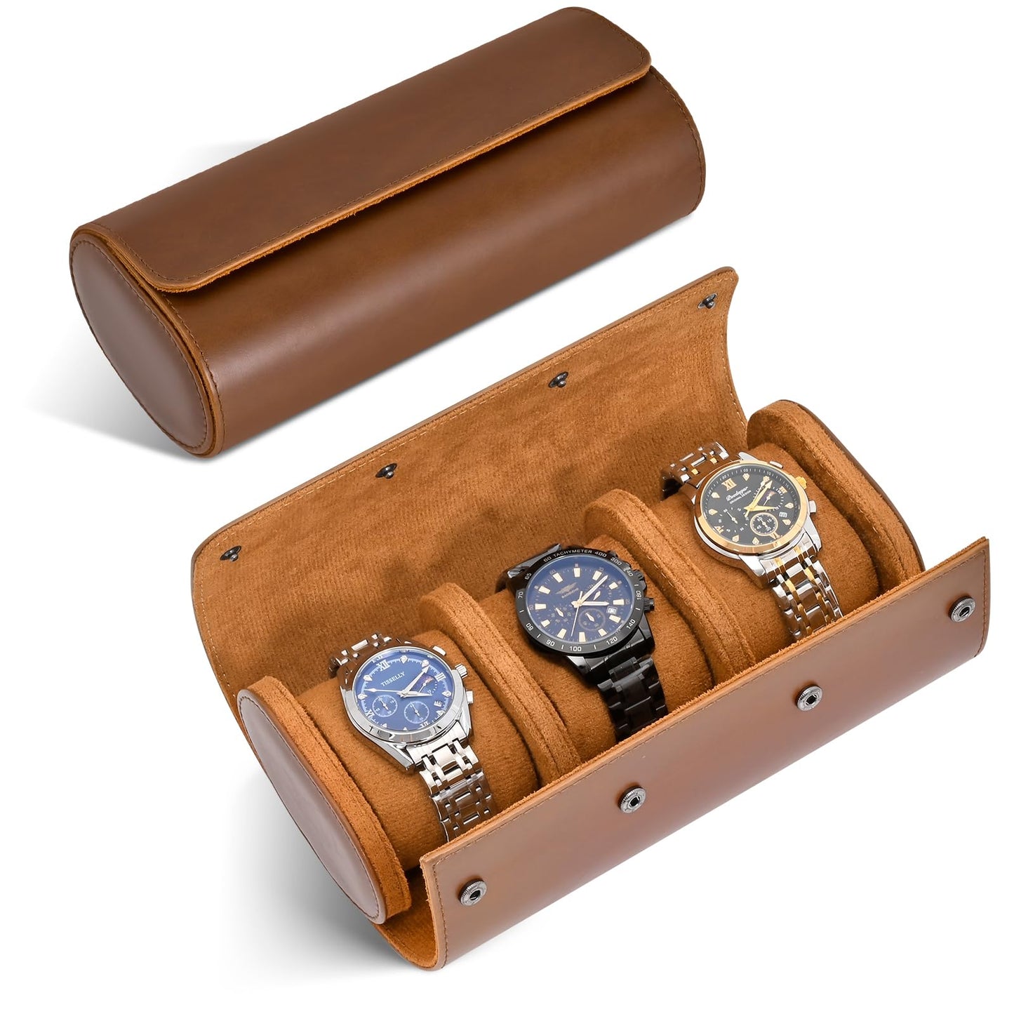 ROSELLE Watch Roll Travel Case for Men and Women- 3 Watch Storage and Organizer-Secure Storage with Innovative Removable Pillows & Solid Dividers for Home, Travel and Display(Brown)