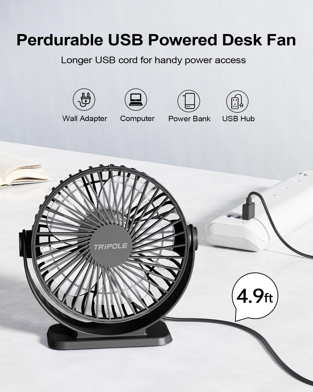 TriPole Small Desk Fan USB Powered Portable Fan 3 Speeds Strong Airflow Mini Fan 360°Rotation Personal Table Fans for Home Office Bedroom Desktop, 5.1 Inch Black, 4.9ft Cable