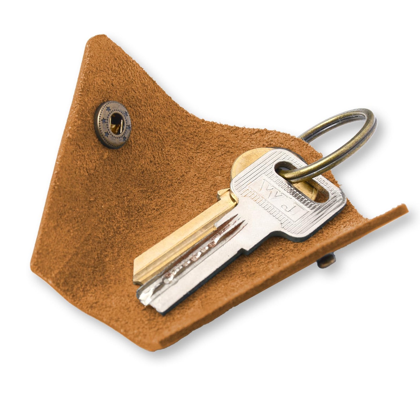 2-Pack Handmade Crazy Horse Leather Wrap Keychain with Snap Closure, Key Ring Cover and Silencer Sleeve - Men's Key Organizer (Light Brown/Black)