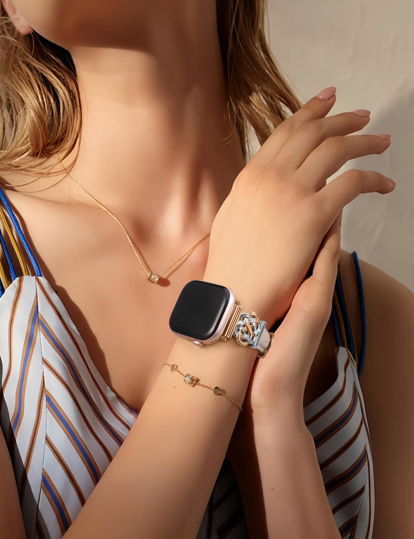 Minyee Celtic Knot Leather Band Compatible with Apple Watch Band 38/40/41/42mm Women, Elegant Interlock Buckle Thin Premium Leather Strap for iWatch Series 11 10 9 Ultra SE 8 7 6 5 4 3 2 1, Starlight