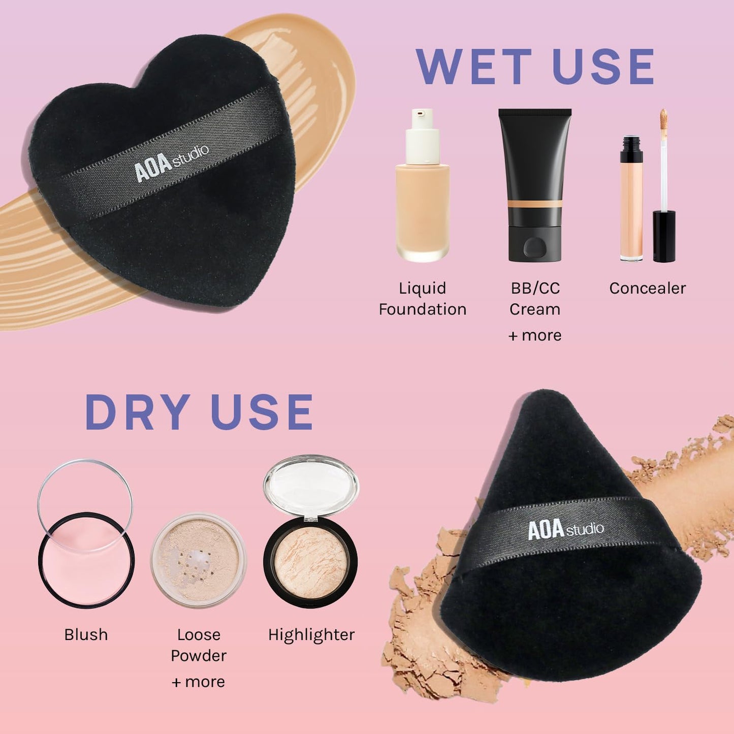 AOA Studio Velvet Puffs Makeup Puff Set of 6 Loose Powder Body Powder, Velour Makeup Blender Sponge Foundation Blending Sponges Set Beauty Makeup Tools(Black/Peach)
