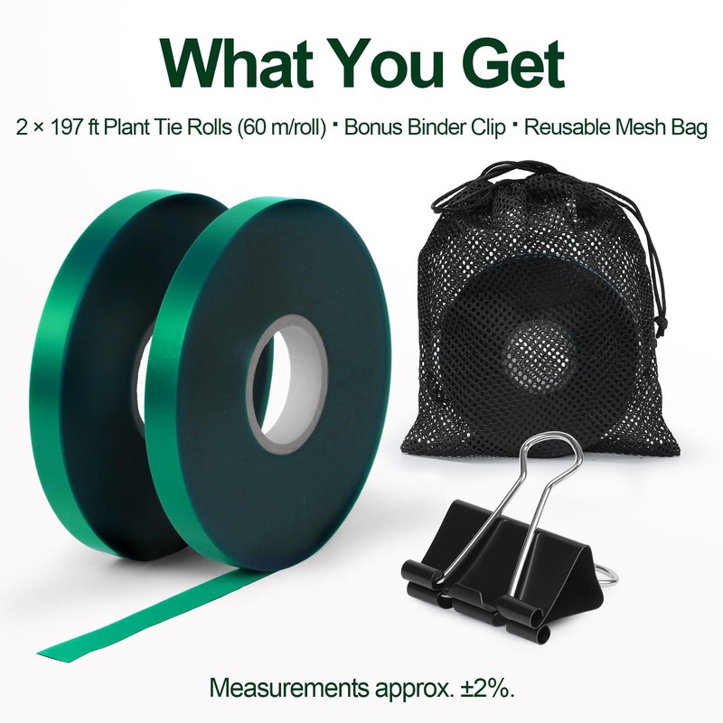 Plant Tie Tape 0.5" × 197 ft – Non-Adhesive Stretch PVC, Cut-to-Length, Weather-Resistant & Reusable Garden Tape for Vines, Tomatoes & Trees, Includes Binder Clip & Mesh Bag