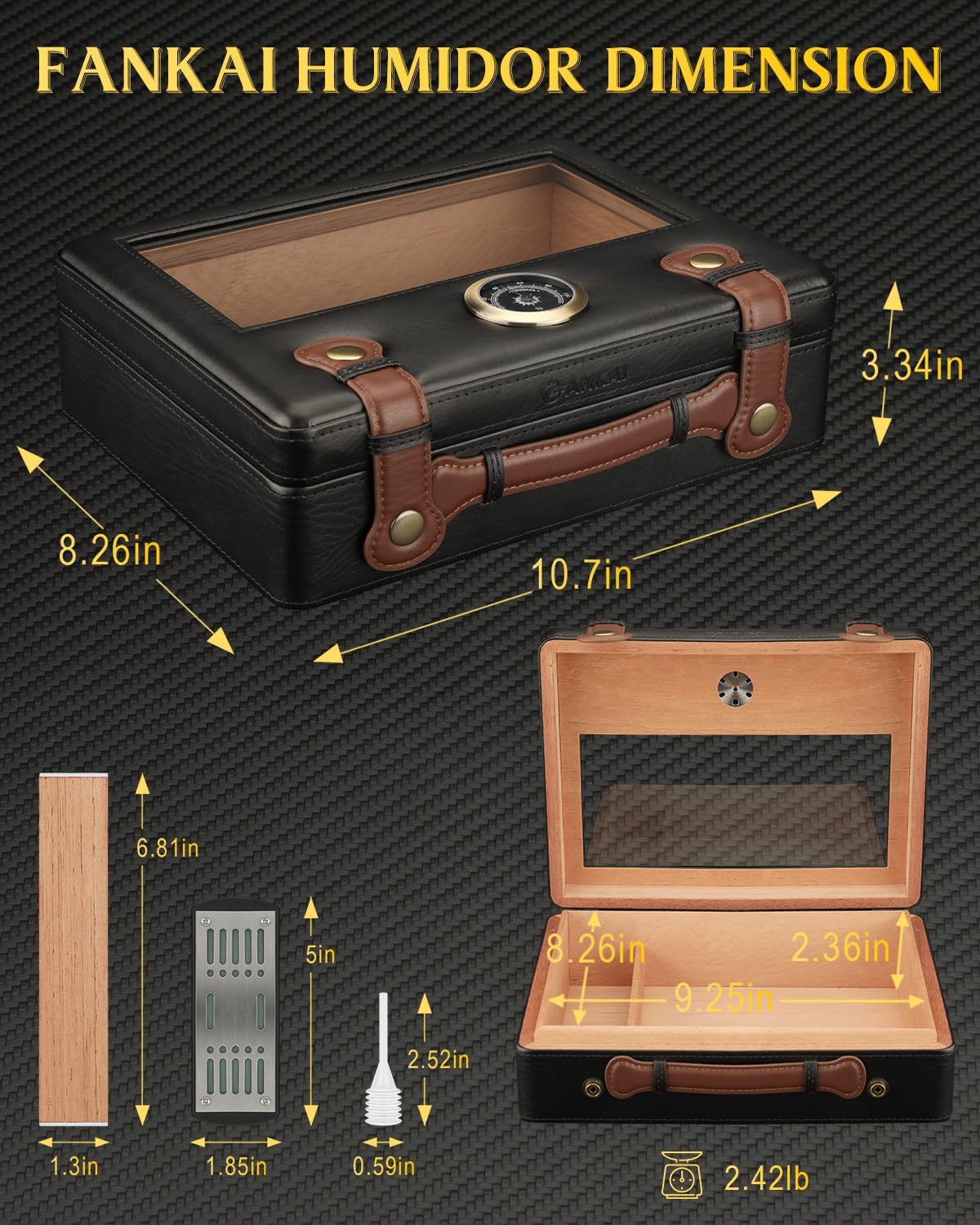 FANKAI Cigar Humidor, Cigar Box with Hygrometer Humidifier and Divider, Glass Top Cedar Wood Storage Case for 30pcs-50pcs Cigars,Travel Cigar Accessories