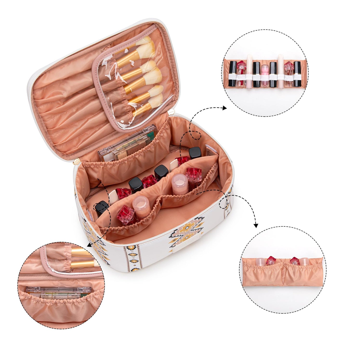 Montana West X Wrangler Travel Makeup Bag 2pcs Set Large Cosmetic Bag with Makeup Brush Holder Portable Make Up Organizer Cute Toiletry Bag with Divider and Handle for Women Aztec
