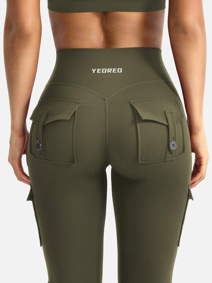 YEOREO CoreFlex Women Workout Flare Leggings with Pockets Hidden Scrunch High Waisted Cargo Gym Yoga Leggings Army Green XS