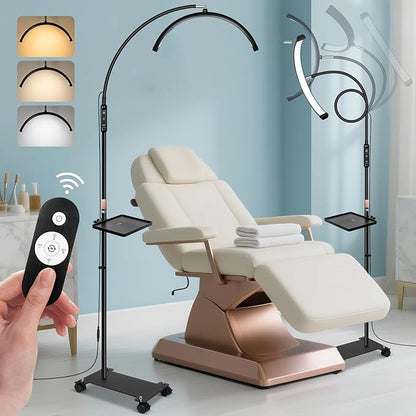 KIRKAS Lash Light Half Moon Lamp with Tool Tray, Flexible Gooseneck Lash Nail Tech for Esthetician Eyelash Extension, Tattoo, 18 Inch LED Floor Lamp with Roller Base Adjustable Brightness Color-Black