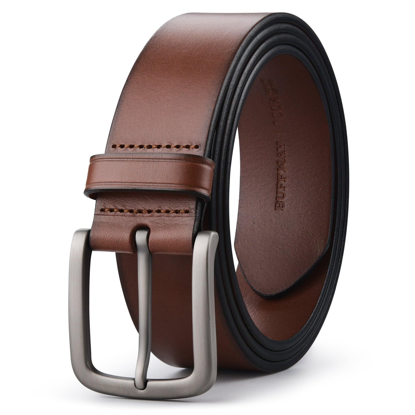 Buffway Men's Leather Belt,1.5" Handcrafted Top-Grain Leather – Durable,Comfortable,Suitable for Everyday Formal & Casual Wear - Size 52" Brown