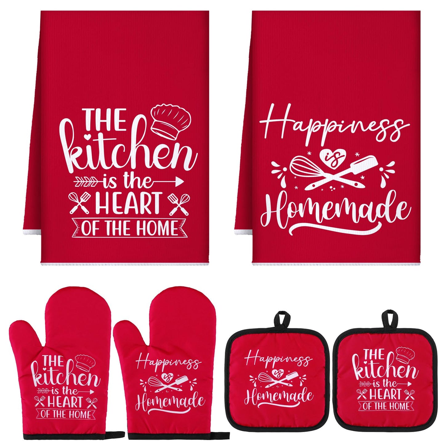 Sratte 6 Pcs Kitchen Decor Accessories Set Farmhouse Towels Pot Holders Oven Mitts Set 2 Dish Towels 2 Potholders 2 Cooking Mittens Oven Glove for Christmas Baking Cooking Supply(Red,Kitchen)