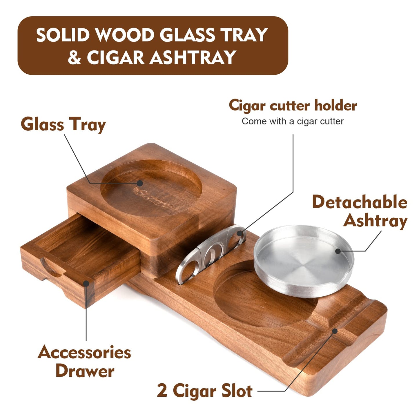 Scotte Ashtray Coaster Whiskey Glass Tray & Wooden Ash Tray with Cigar Cutter,Include Drawer and Cigar Slot Home Office Outdoor Great Cigar Accessories for Men