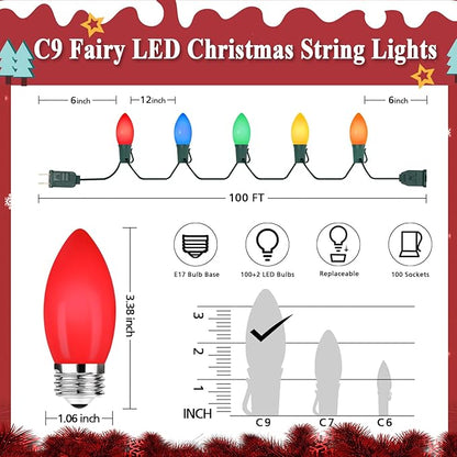 C9 Christmas Lights Outdoor Multicolor, 100FT 100LED string Lights Waterproof Shatterproof, Extendable C9 Xmas Lights, Indoor Outdoor Christmas String Light for House Roof Patio Garden Tree Party