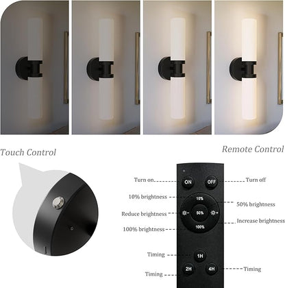 Rechargeable Battery Wall Sconce Set of Two, Cordless, Dimmable, Timer, Remote, Touch Control, 3000K, USB-C Charging for Living Room, Bedroom Black with White Lampshade (Include 4 Special Bulbs)