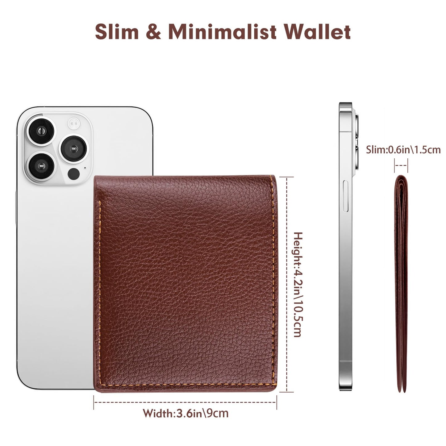 Plinvo Genuine Leather Slim Bifold Wallet for Men, RFID Blocking Minimalist Design with ID Window and 6 Card Slots (Brown)