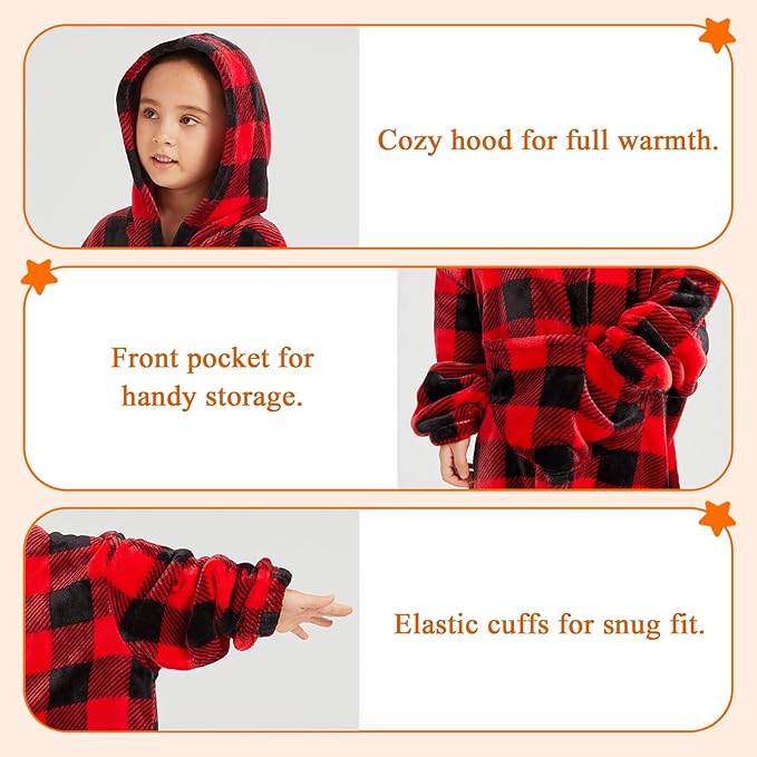 Wearable Blanket Hoodie Red Plaid Warm Sweatshirt Hooded Blanket One Size Fits All