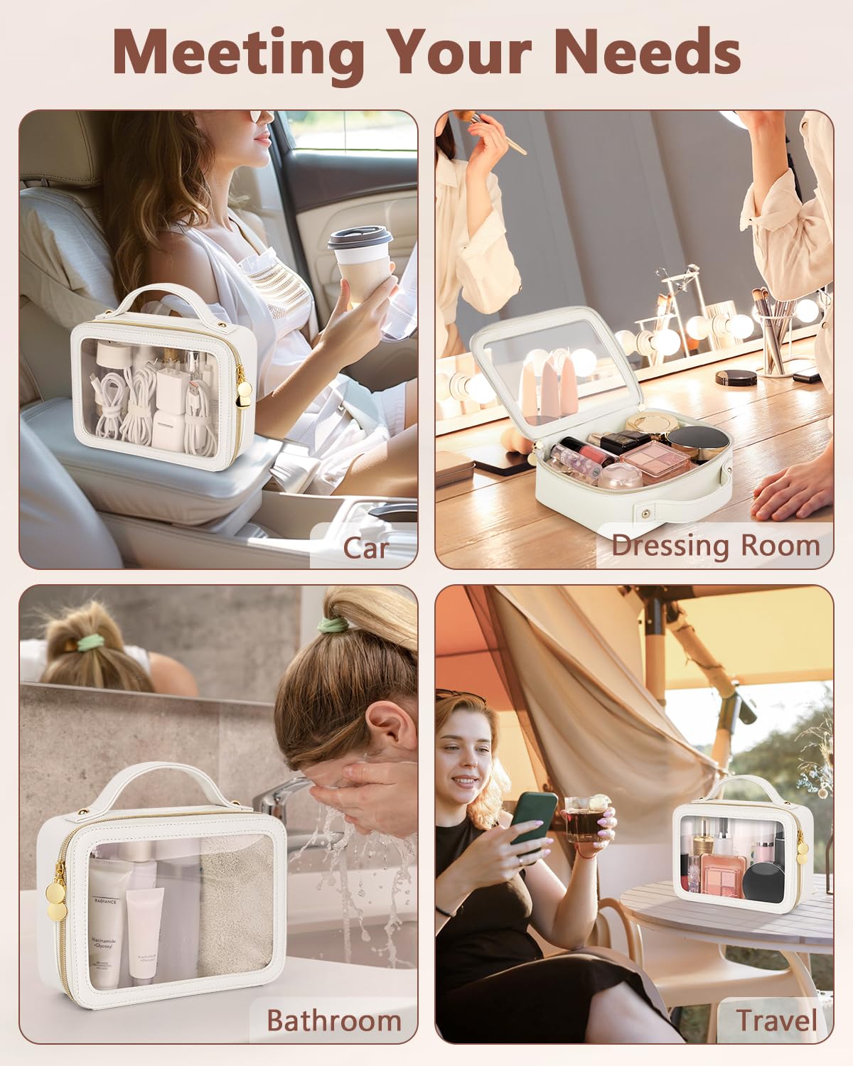 Soimeat Clear Makeup Bag, Portable Travel Cosmetic Bags, Multipurpose Leather Toiletry Bag with Zipper, Waterproof Transparent Cosmetic Organizer for Women, Medium, Beige