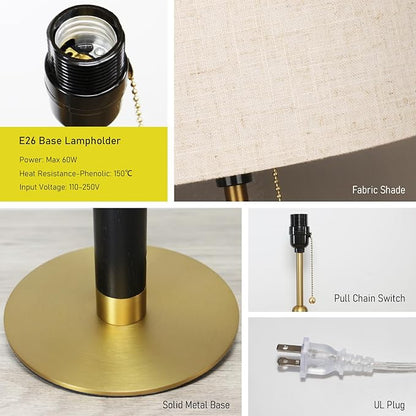 21" Modern Table Lamp Bedside Lamps for Bedroom Living Room Nightstand Lamp for End Tables 3-Color Temperatures Pull Chain Switch Wood Fabric for Home Office Desk Decor (Light Brown+Brass)