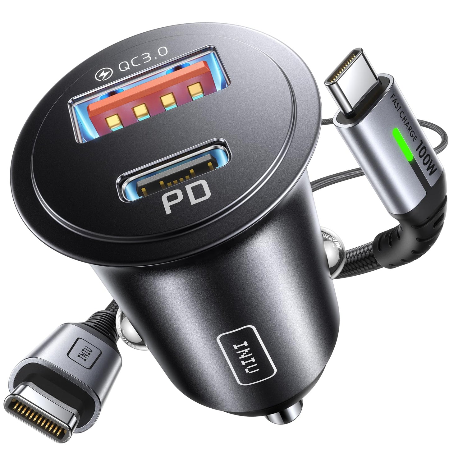 INIU Car Charger, Cigarette Lighter USB Charger Total 60W, 12V USB Socket with [1m] 100W Type C Cable Fast Charge, Car Phone Charge Adapter for iPhone 17 16 Samsung Laptops Switch 2 Car Accessories