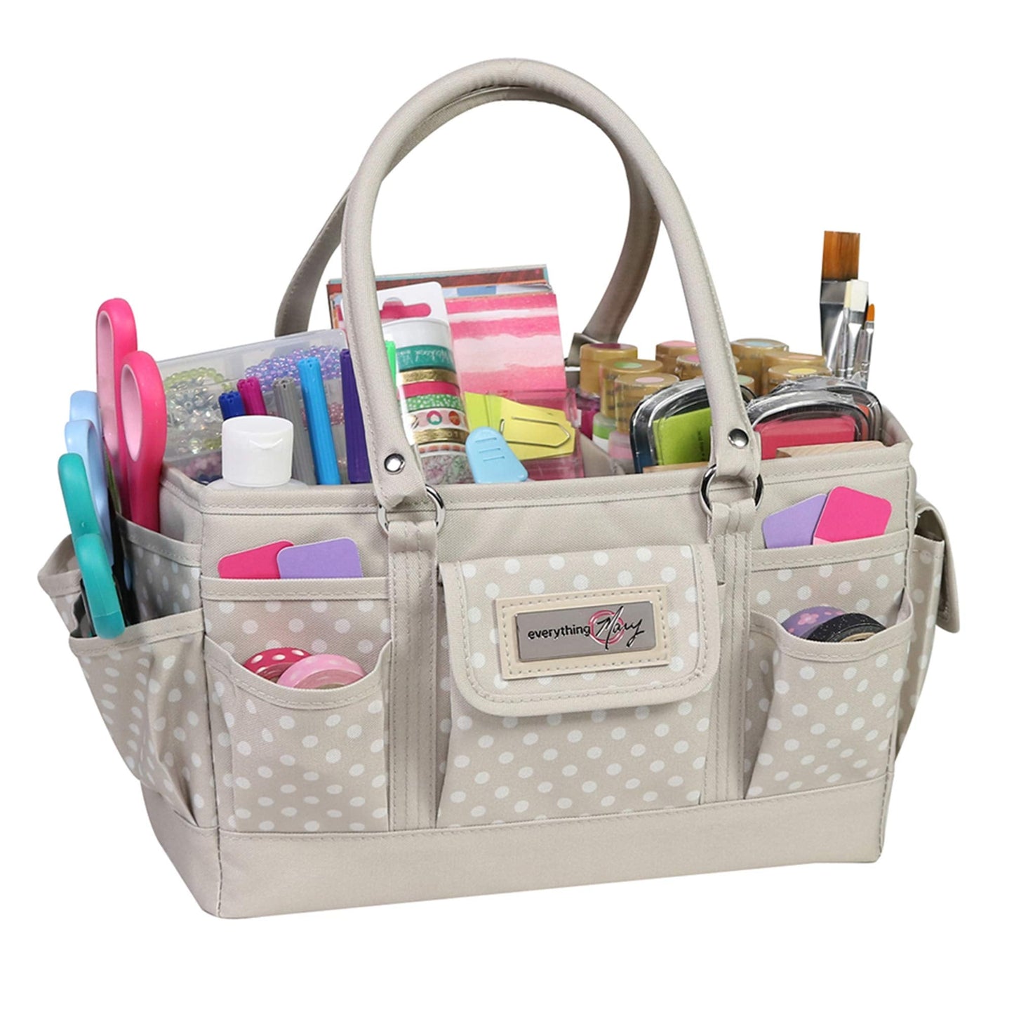 Everything Mary Deluxe Store & Tote Organizer – Tan Dot Craft Tote with Handle – Art Supply Caddy for Sewing, Scrapbooking, DIY Projects & Creative Tool Storage