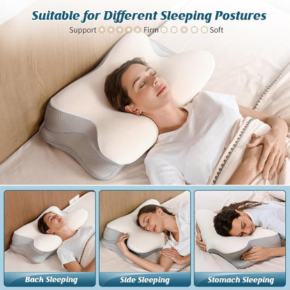 Cervical Neck Pillow for Pain Relief - Ergonomic Side Sleeper Pillow for Sleeping, Contour Orthopedic Pillow for Neck Support, Cooling Memory Foam Pillows for Back & Stomach Sleepers with Pillowcase