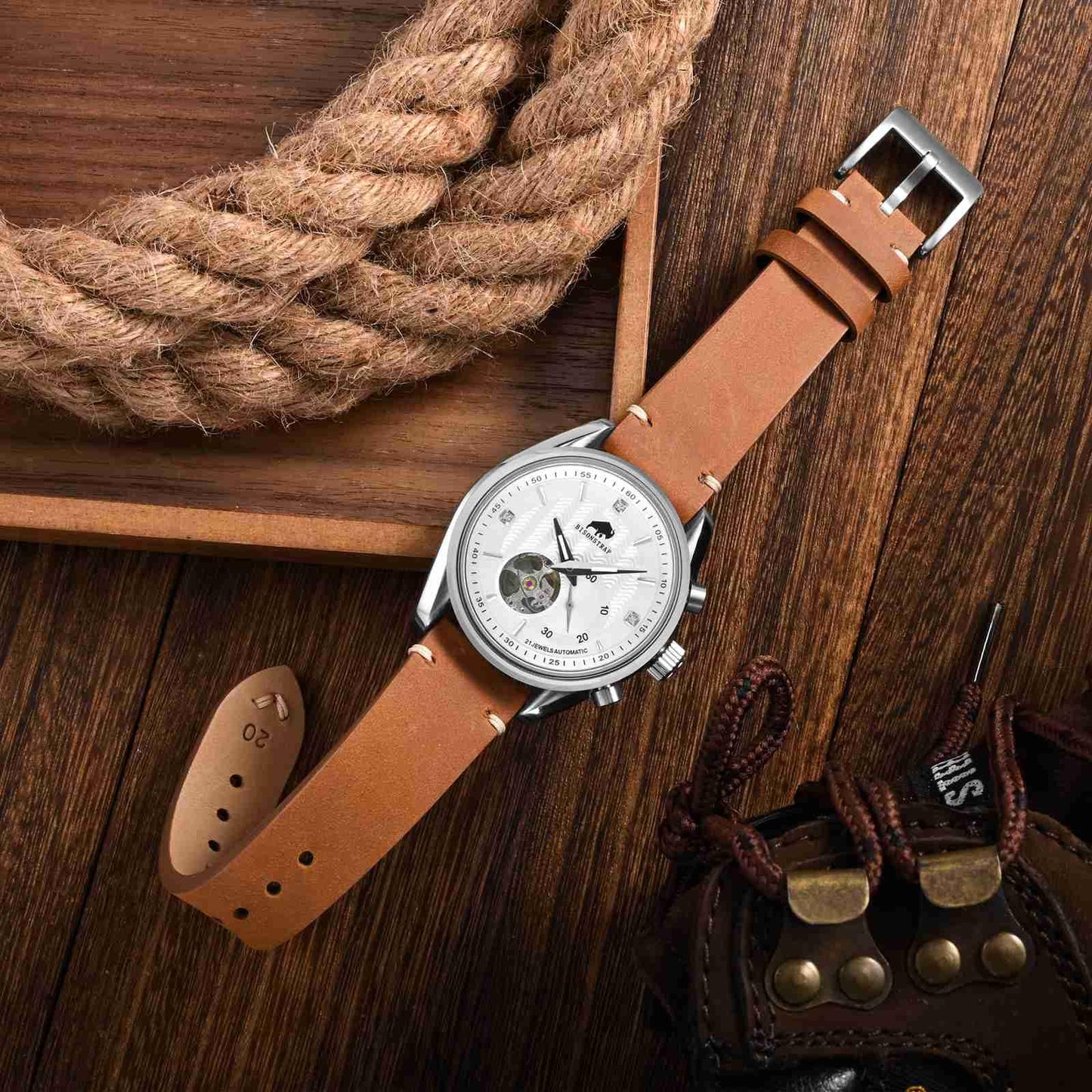 BISONSTRAP Distressed Leather Watch Strap, Watch Replacement Bands for Men, Quick Release Spring Bars, 20mm, Toffee Brown (Silver Buckle)