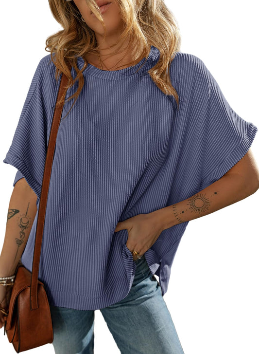 Dokotoo Womens Casual Spring Summer Shirts and Blouses for Women 2026 Off Shoulder T-Shirts Short Sleeve Waffle Knit Loose Tunic Tops Side Split Navy Blue Large
