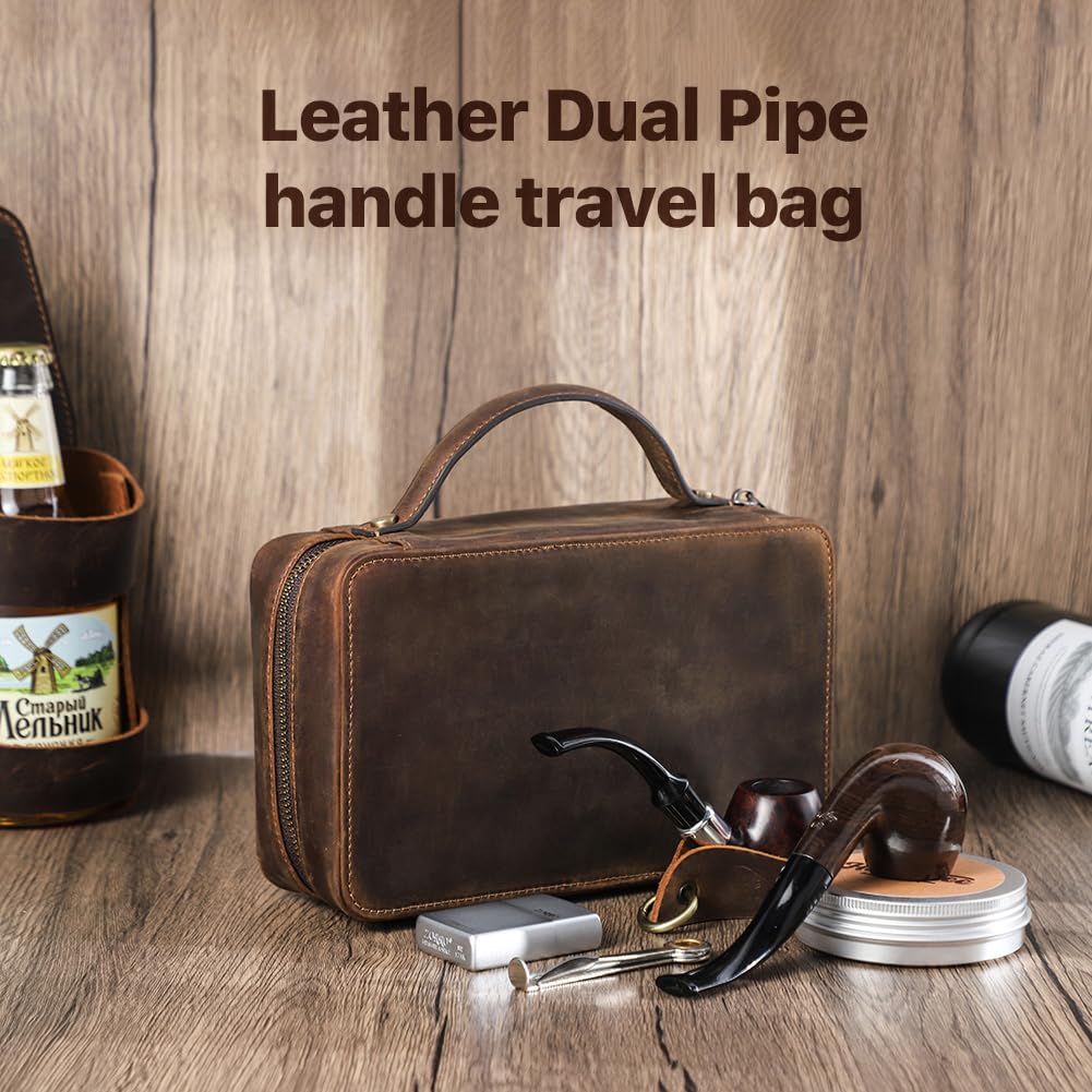 Hiram Leather Pipe Storage Bag Travel Smoking Accessories Organizer Case with Detachable Dual Pipe Holder Cigarette Case Pouch Lighters Pocket & Leather Handle Strap Portable Smoker Supply Carry Bag