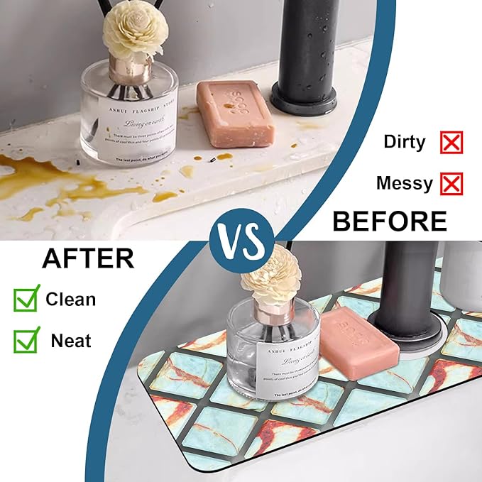 Rendering Marble Sink Splash Guard Faucet Mat Blue Wall Tiles Super Absorbent