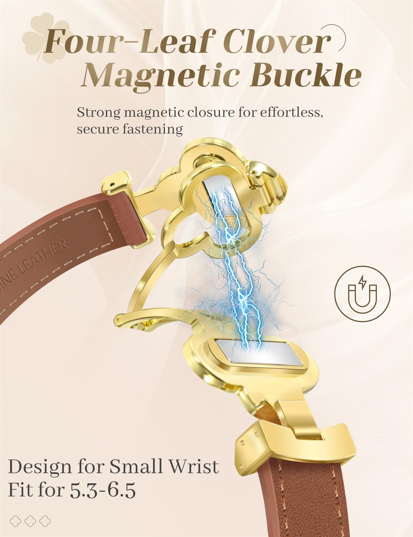 MOINSPIRE Designer Slim Leather Bands Compatible with Apple Watch 38mm 40mm 41mm 42mm(S11/10)for Women, Four-Leaf Clover Cute Dressy Magnetic Watch Bands for iwatch Series Ultra/SE11/9/8/7/6/5/4/3/2/1