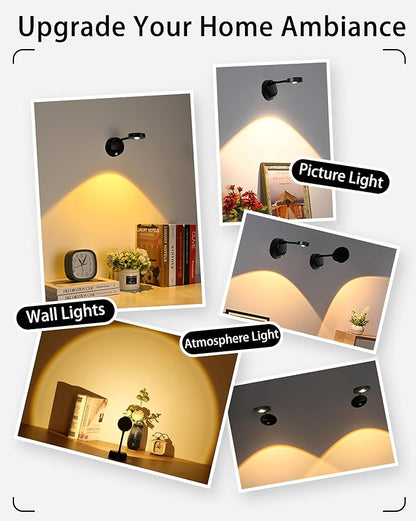 2200mAh Motion Sensor Picture Light, Spotlight Painting, LED Wall Sconce, Night Light Lamp, Rechargeable Battery Operated 3 Color & Dimmable Magnetic 360° Rotation with Remote (Black, 2 Pcs)