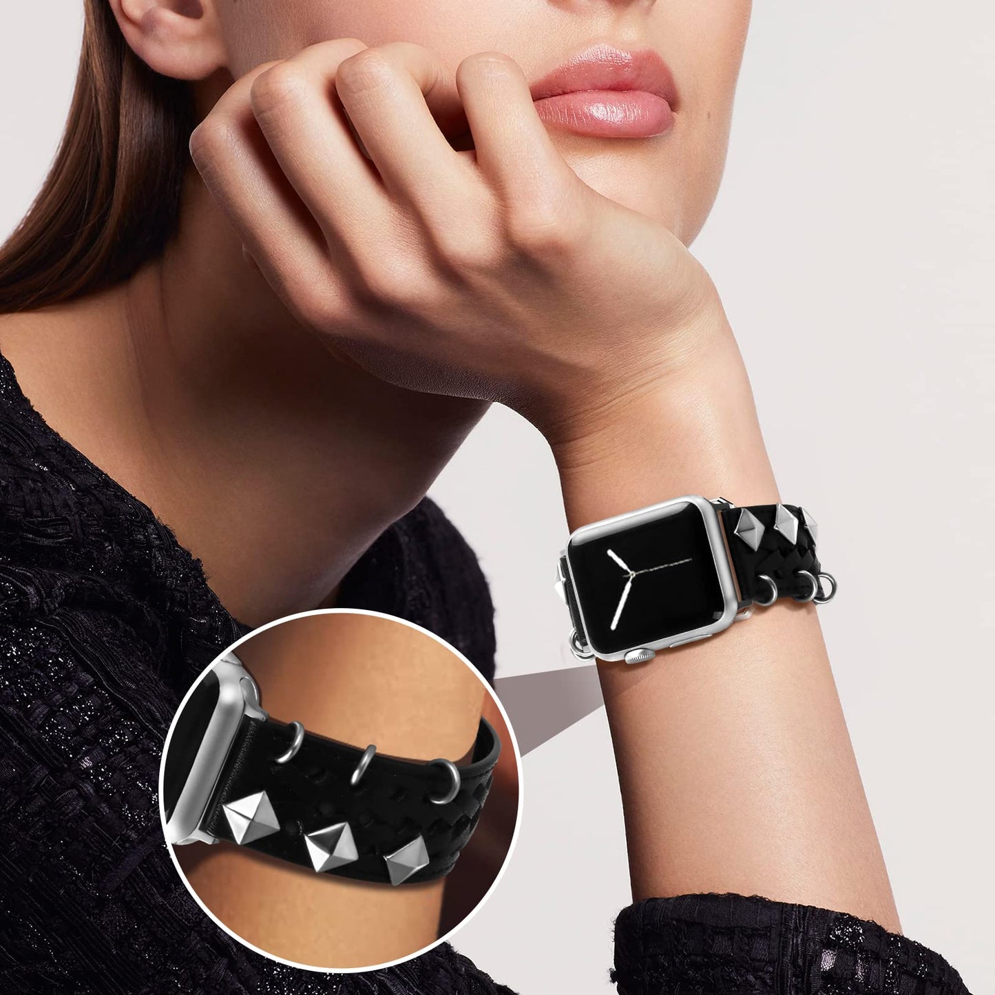 VIQIV Leather Band Compatible with Apple Watch Ultra Band 38mm 41mm 40mm for Women Men, Hollow-out Woven Rivets Bracelet Designer Wristbands Smartwatch Strap for iWatch Series SE 8 7 6 5 4 3 2