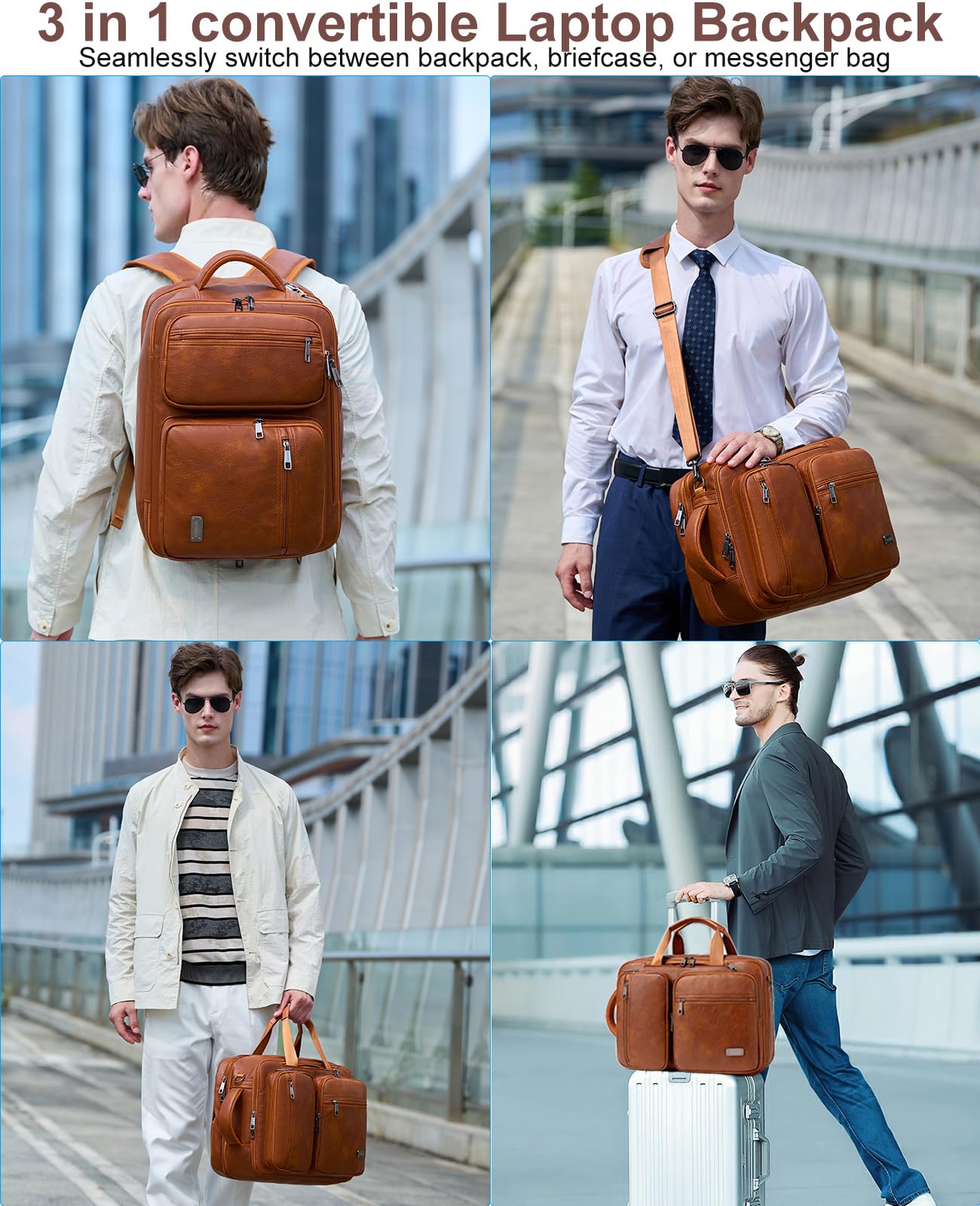weiatas 3-in-1 Vegan Leather Convertible Laptop Bag for Men Women, 15.6 Inch Waterproof Expandable Backpack, Computer Briefcase, Shoulder Messenger Bag & Weekend Bag for Business Travel Work (Brown)