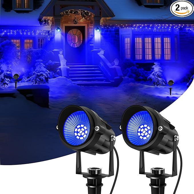 Blue Landscape Lights Outdoor, 14 LED Landscape Lighting with US Plug, IP65 Waterproof Spotlights for Tree Yard Garden Pathway Halloween Christmas Decor 2 Pack